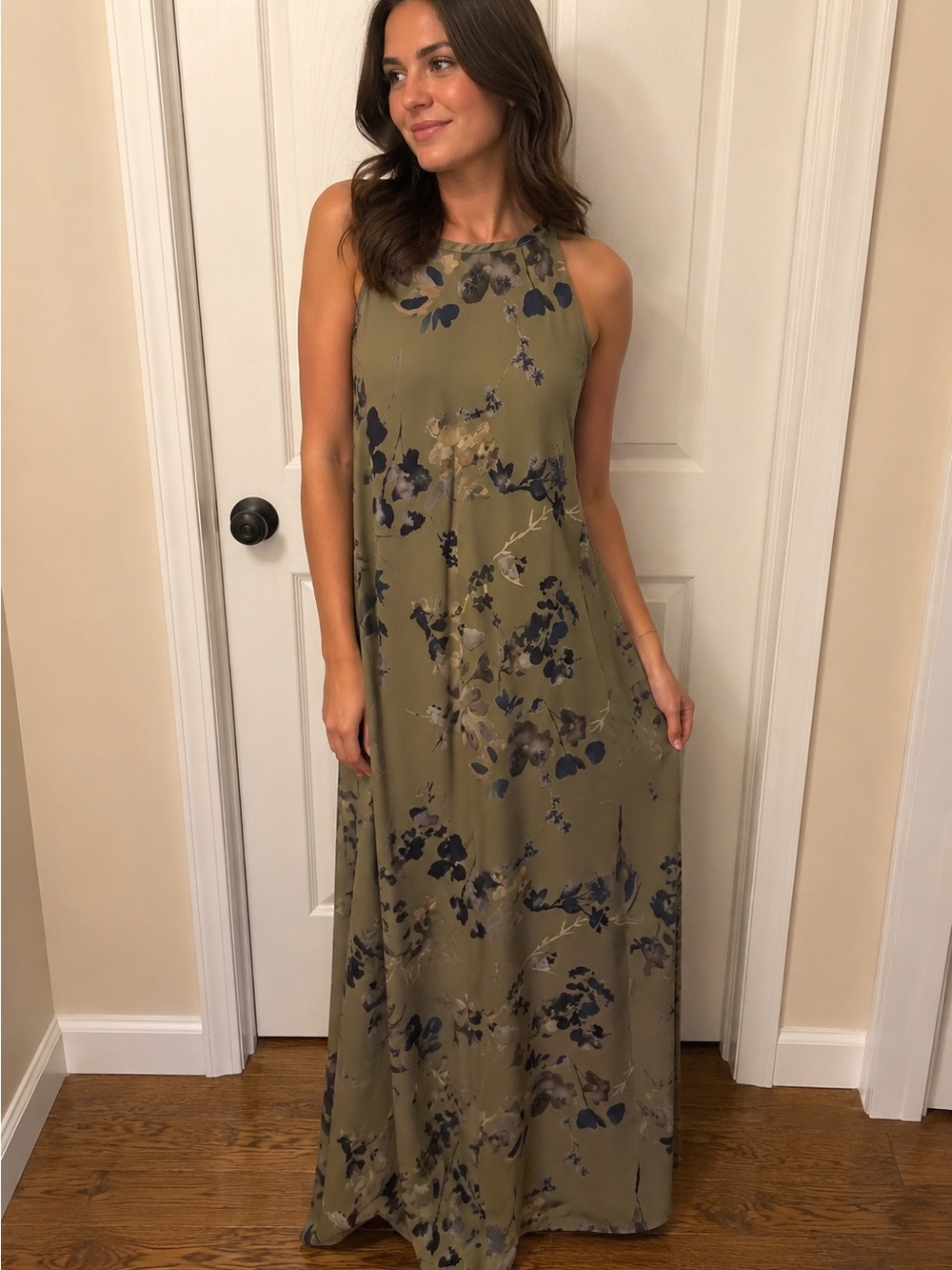 La Belle Olive Maxi Dress with Blue and Gray Floral Print